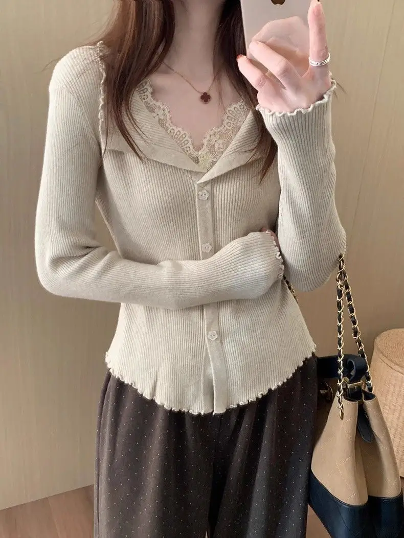 Sweater with Lace Patchwork, Faux Two-Piece Base Shirt, 2025 Autumn and Winter New Korean Style Cardigan, Casual and Stylish Top for Women — feature 5