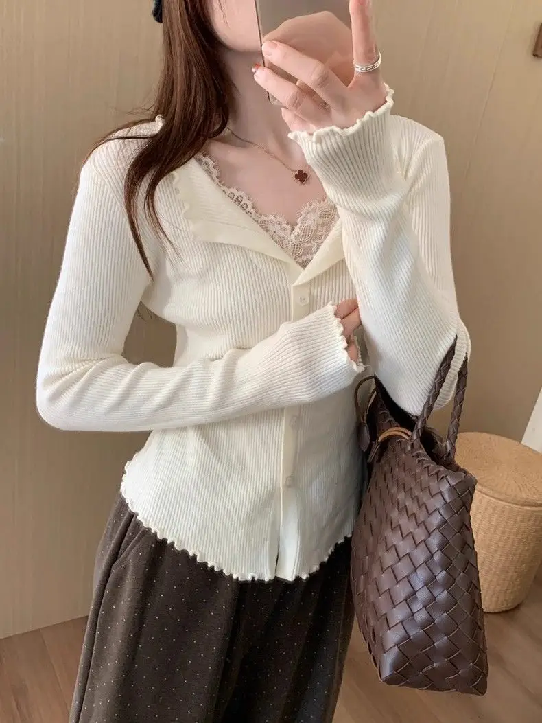 Sweater with Lace Patchwork, Faux Two-Piece Base Shirt, 2025 Autumn and Winter New Korean Style Cardigan, Casual and Stylish Top for Women — feature 7
