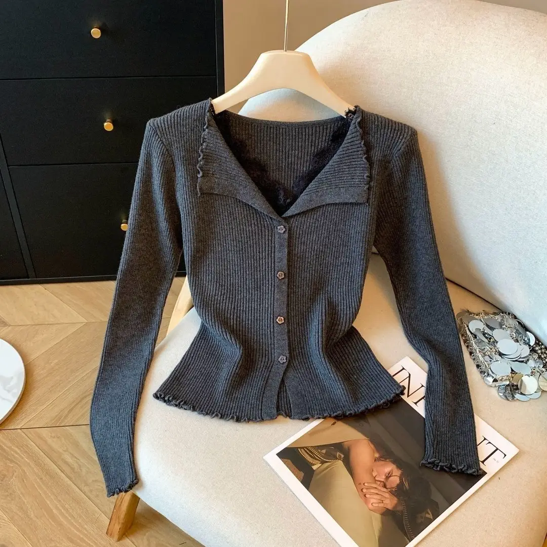 Sweater with Lace Patchwork, Faux Two-Piece Base Shirt, 2025 Autumn and Winter New Korean Style Cardigan, Casual and Stylish Top for Women
