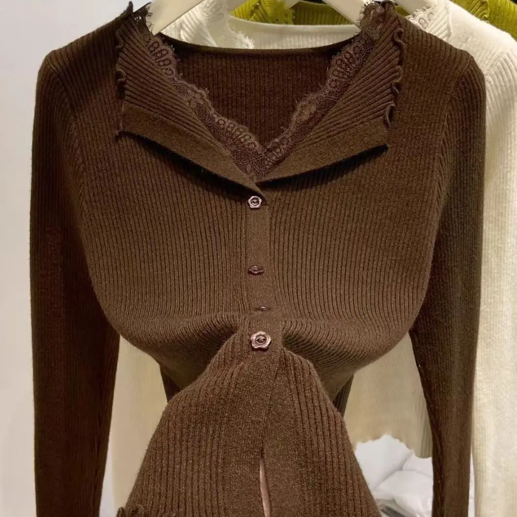 Sweater with Lace Patchwork, Faux Two-Piece Base Shirt, 2025 Autumn and Winter New Korean Style Cardigan, Casual and Stylish Top for Women