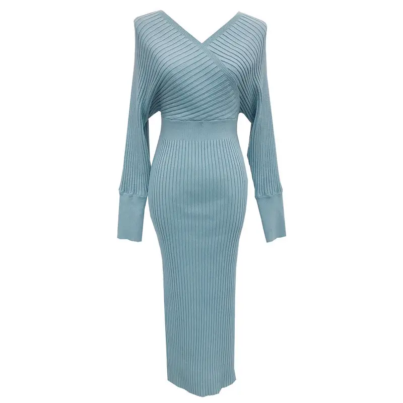 8146 Pink Bodycon Dress for Autumn and Winter, Pure and Sexy V-Neck Cross-Back Batwing Sleeve Waist-Cinching Inner Dress