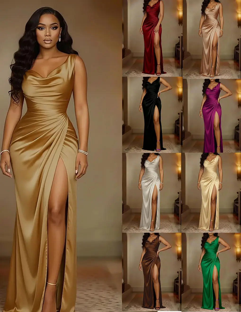 Summer New Amazon Cross-Border Foreign Trade Banquet Dress Sleeveless Hem Slit Solid Color Slim Fit Dress for Women — feature 6