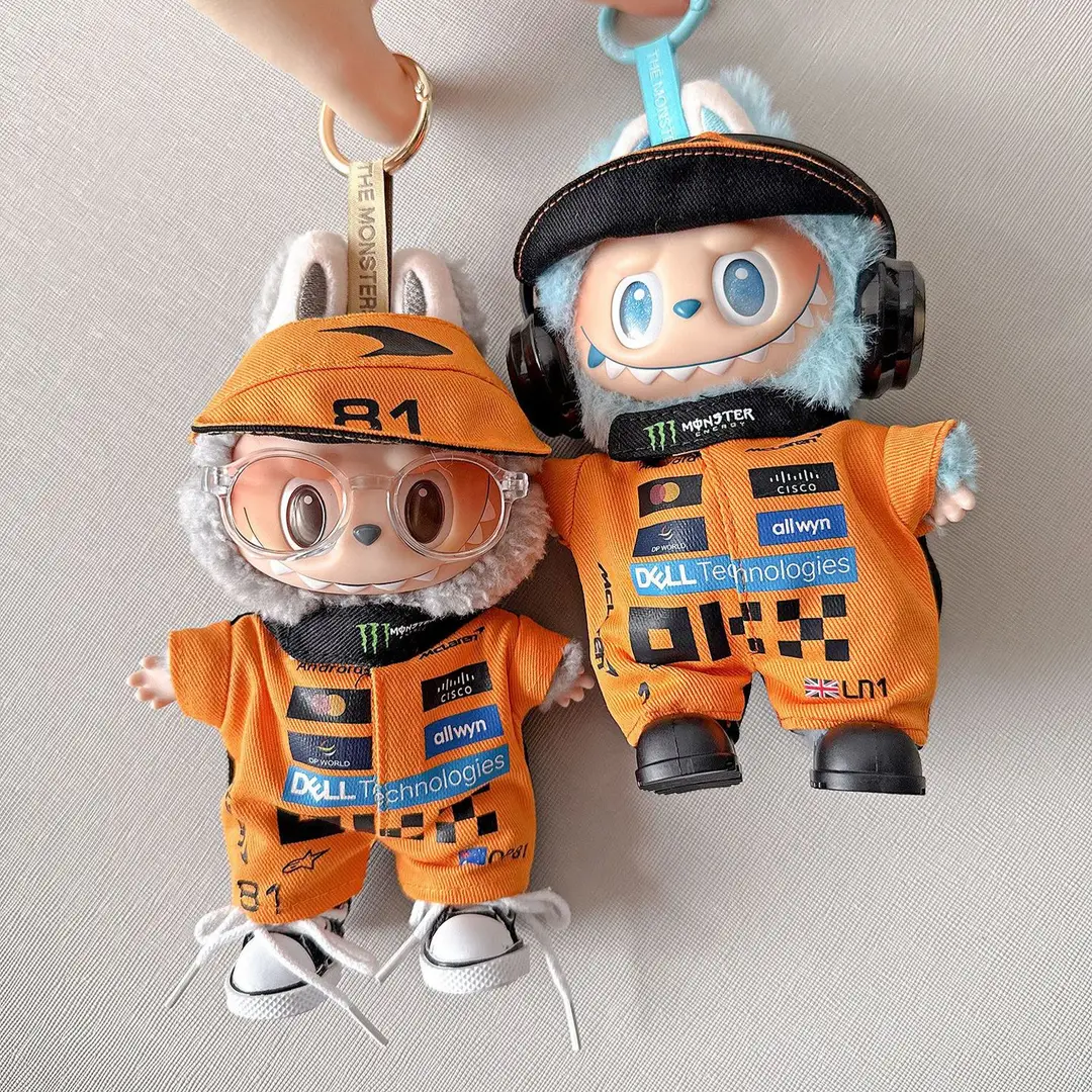 First, Second, and Third Generation Labubu Doll Clothes Racing Suit F1 Mclaren New Season 17cm Labubu Clothes and Hats Wholesale