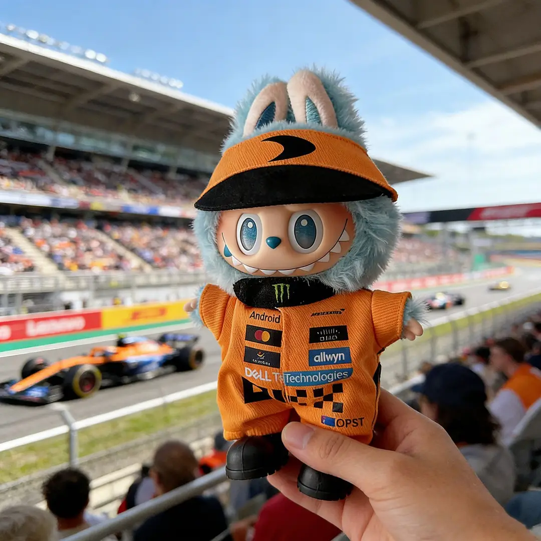 First, Second, and Third Generation Labubu Doll Clothes Racing Suit F1 Mclaren New Season 17cm Labubu Clothes and Hats Wholesale
