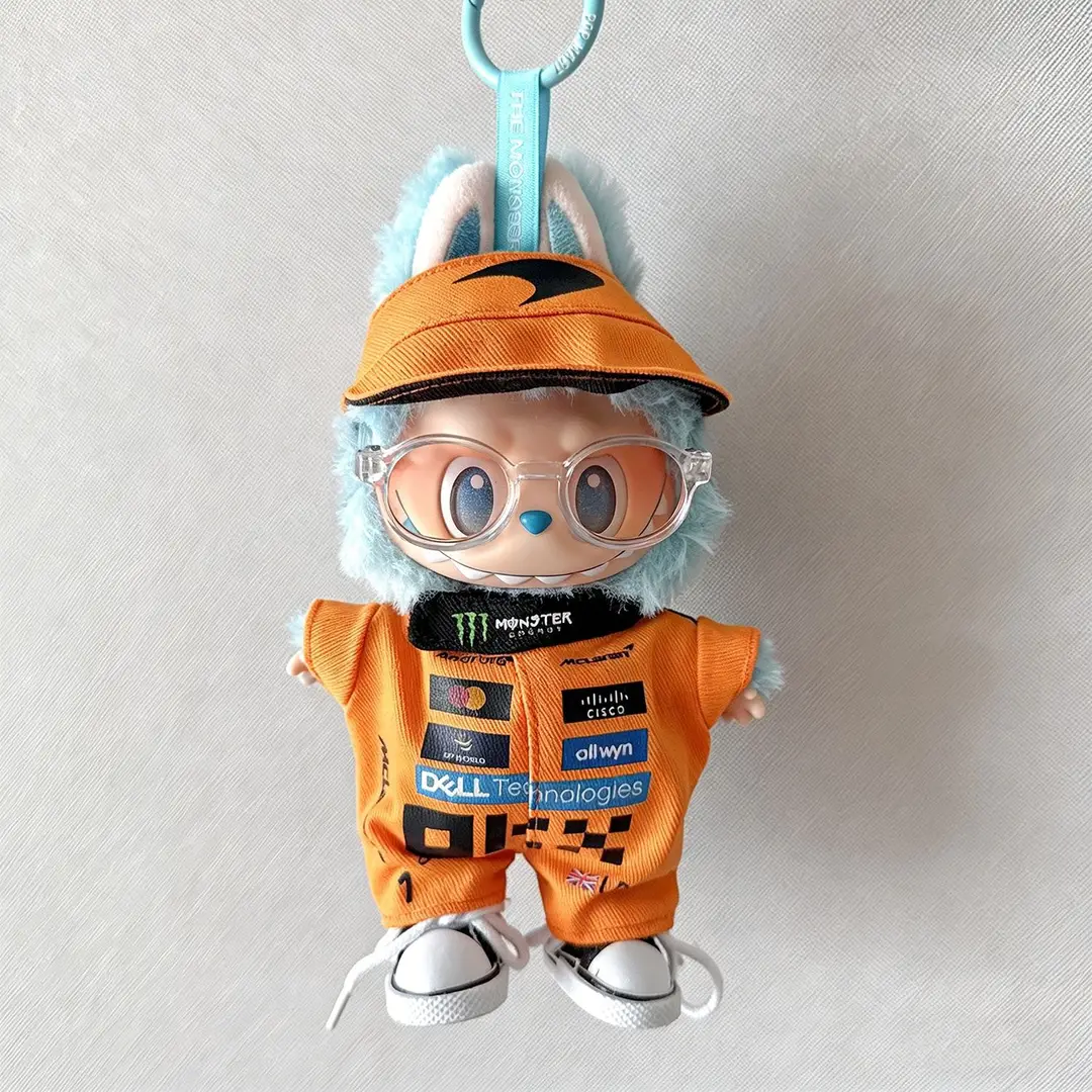 First, Second, and Third Generation Labubu Doll Clothes Racing Suit F1 Mclaren New Season 17cm Labubu Clothes and Hats Wholesale