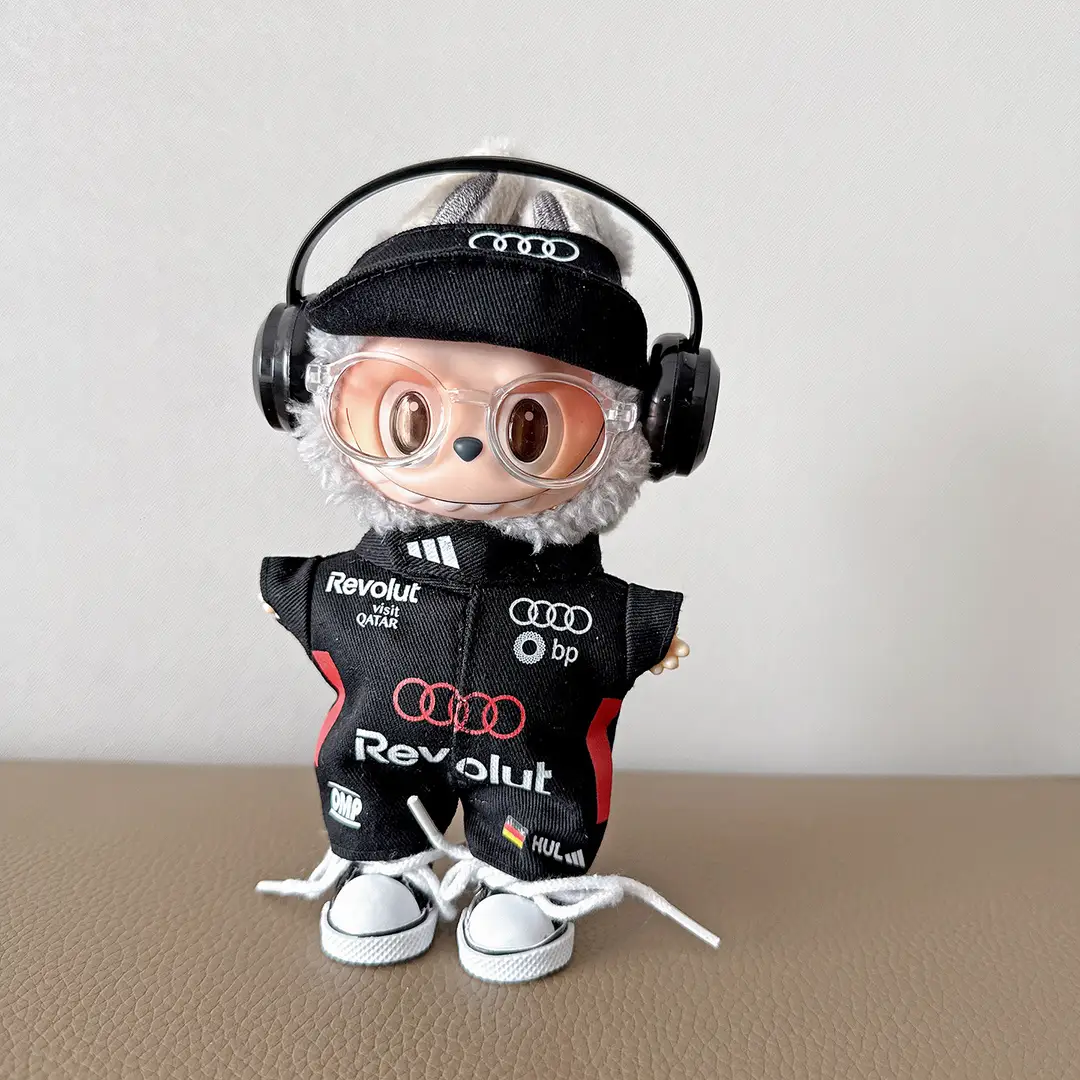 First, Second, and Third Generation Labubu Doll Clothes Racing Suit F1 Mclaren New Season 17cm Labubu Clothes and Hats Wholesale