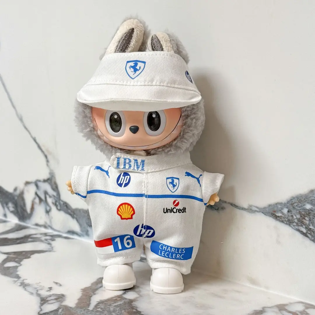 First, Second, and Third Generation Labubu Doll Clothes Racing Suit F1 Mclaren New Season 17cm Labubu Clothes and Hats Wholesale
