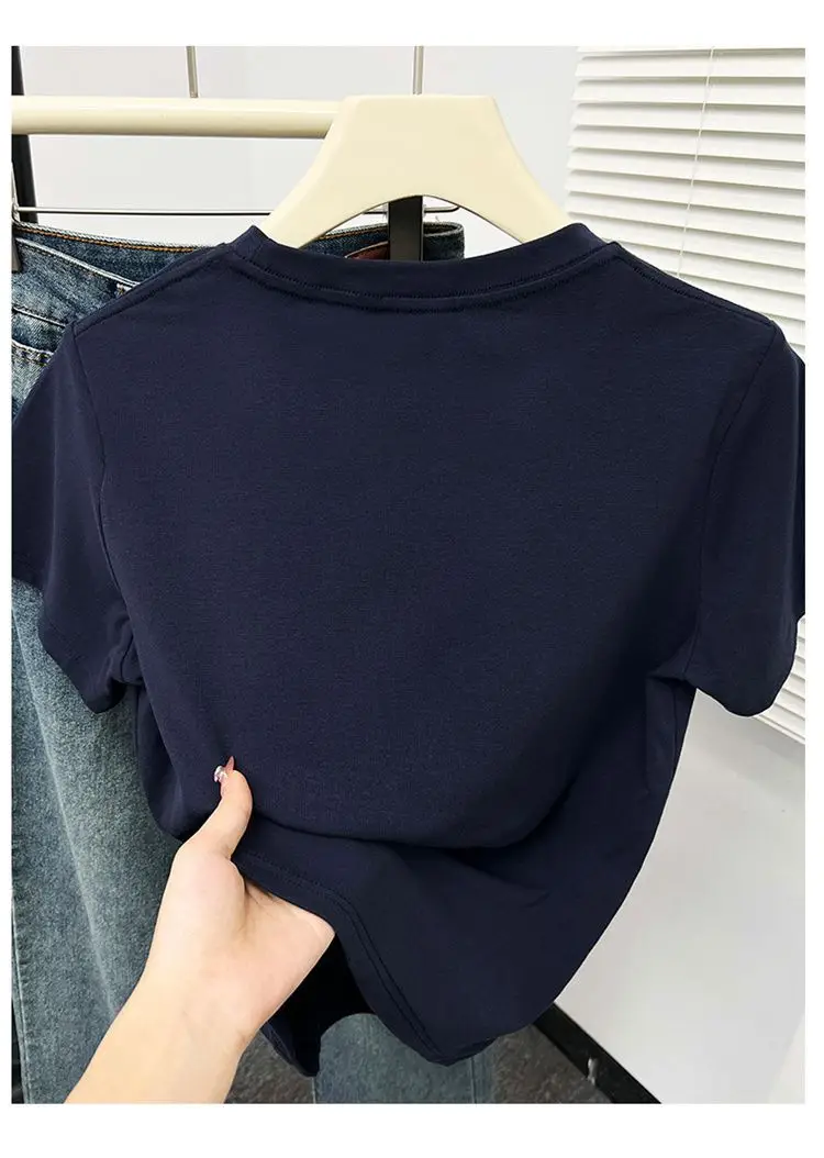 Plus-Size Slimming Solid Color Regular Shoulder Short-Sleeve T-Shirt for Women, Summer New Style, Casual Workwear Top for Plus-Size Women, Ins Style — feature 9