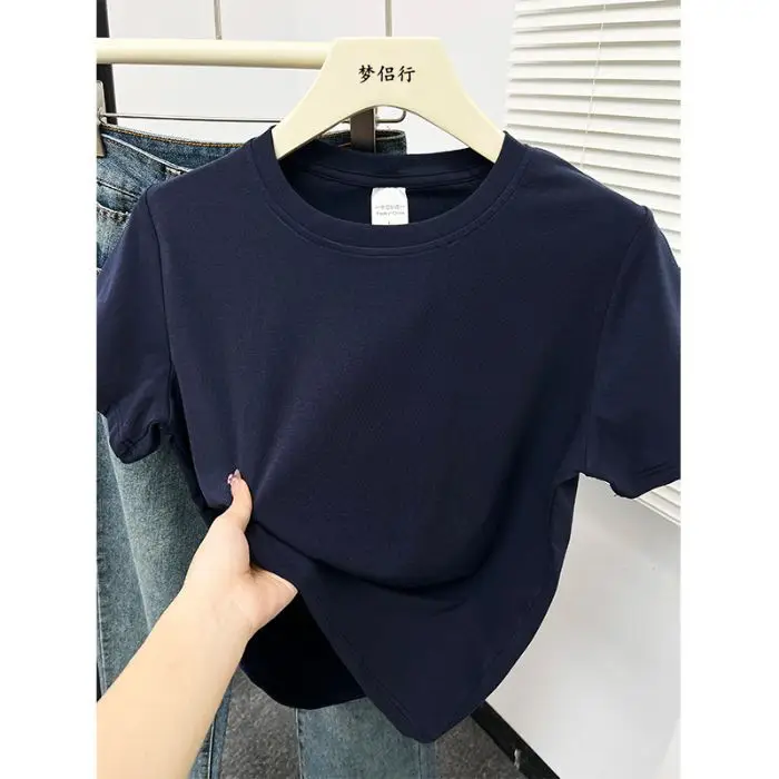 Plus-Size Slimming Solid Color Regular Shoulder Short-Sleeve T-Shirt for Women, Summer New Style, Casual Workwear Top for Plus-Size Women, Ins Style
