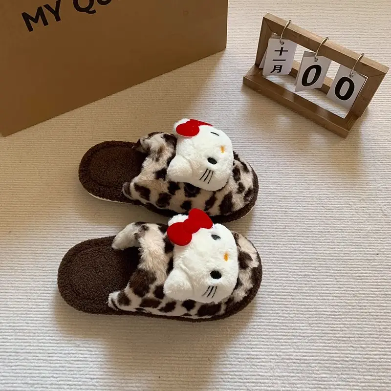 Leopard Print Kt Cat Cotton Slippers for Women, New Autumn and Winter Cute Indoor Home Non-Slip Closed-Toe Furry Slippers