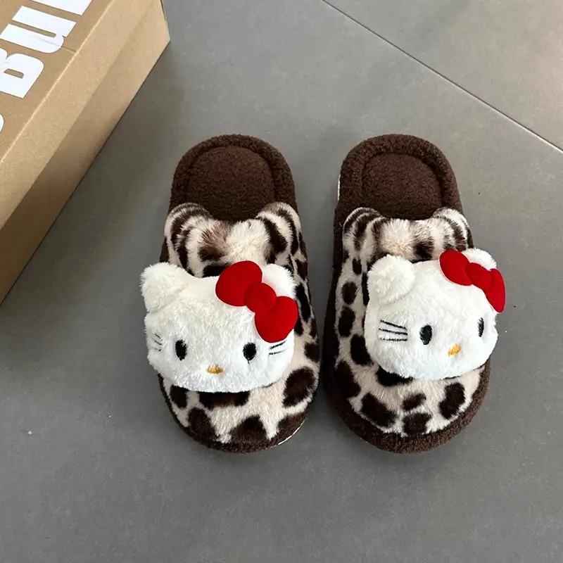 Leopard Print Kt Cat Cotton Slippers for Women, New Autumn and Winter Cute Indoor Home Non-Slip Closed-Toe Furry Slippers