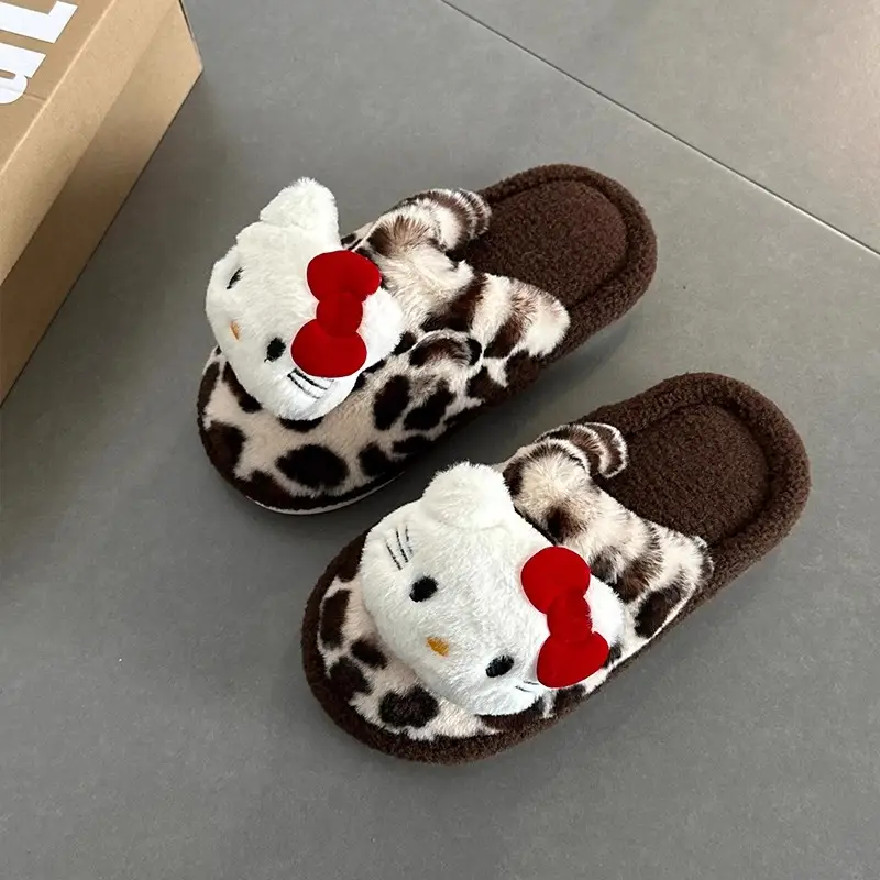 Leopard Print Kt Cat Cotton Slippers for Women, New Autumn and Winter Cute Indoor Home Non-Slip Closed-Toe Furry Slippers