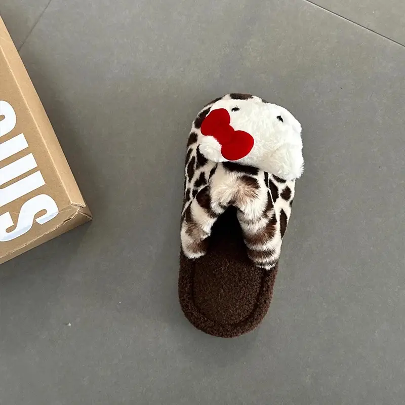 Leopard Print Kt Cat Cotton Slippers for Women, New Autumn and Winter Cute Indoor Home Non-Slip Closed-Toe Furry Slippers