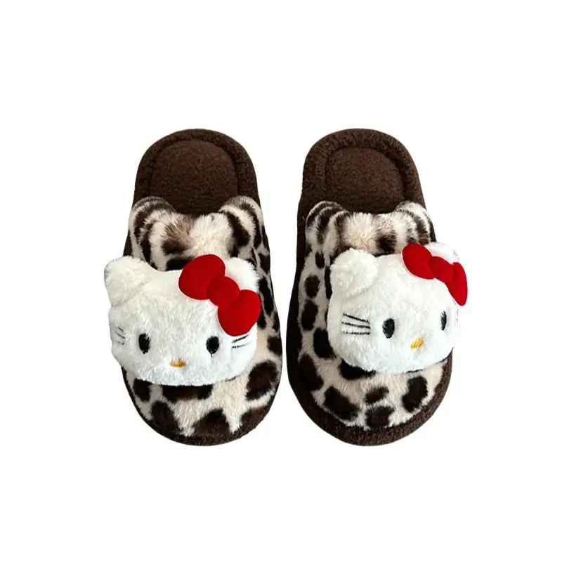 Leopard Print Kt Cat Cotton Slippers for Women, New Autumn and Winter Cute Indoor Home Non-Slip Closed-Toe Furry Slippers