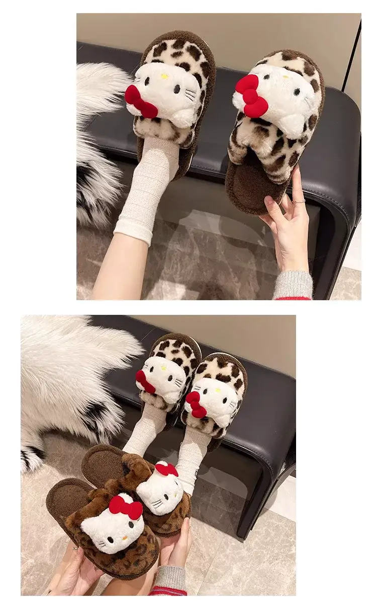 Leopard Print Kt Cat Cotton Slippers for Women, New Autumn and Winter Cute Indoor Home Non-Slip Closed-Toe Furry Slippers — feature 3