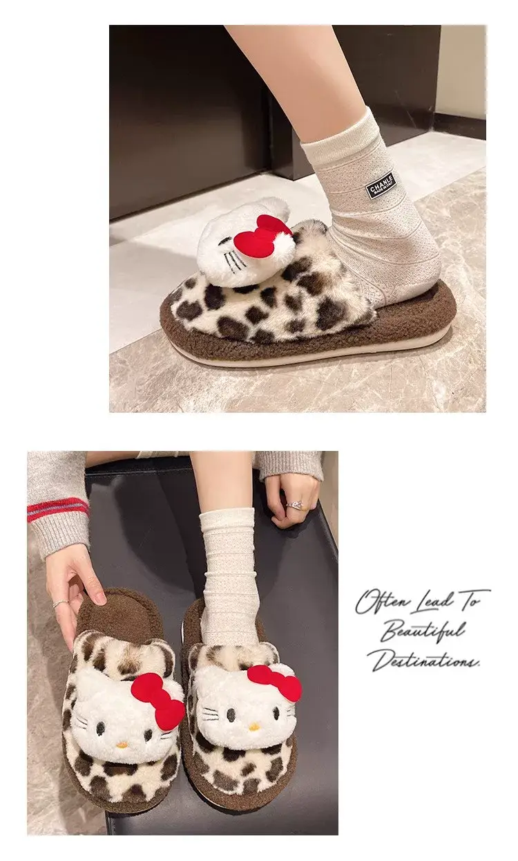 Leopard Print Kt Cat Cotton Slippers for Women, New Autumn and Winter Cute Indoor Home Non-Slip Closed-Toe Furry Slippers — feature 4