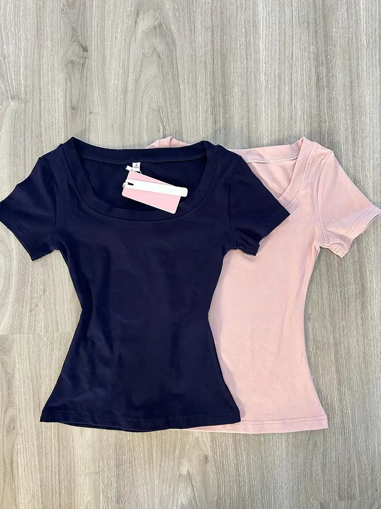 Dark Blue Straight-Shoulder Short-Sleeve Women's Summer Pure Cotton T-Shirt, New Slim-Fit U-Neck Top, Slimming Casual Summer Korean Style Outfit