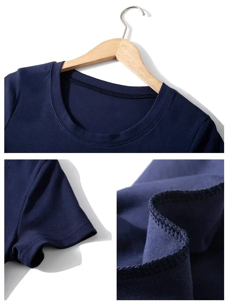Dark Blue Straight-Shoulder Short-Sleeve Women's Summer Pure Cotton T-Shirt, New Slim-Fit U-Neck Top, Slimming Casual Summer Korean Style Outfit