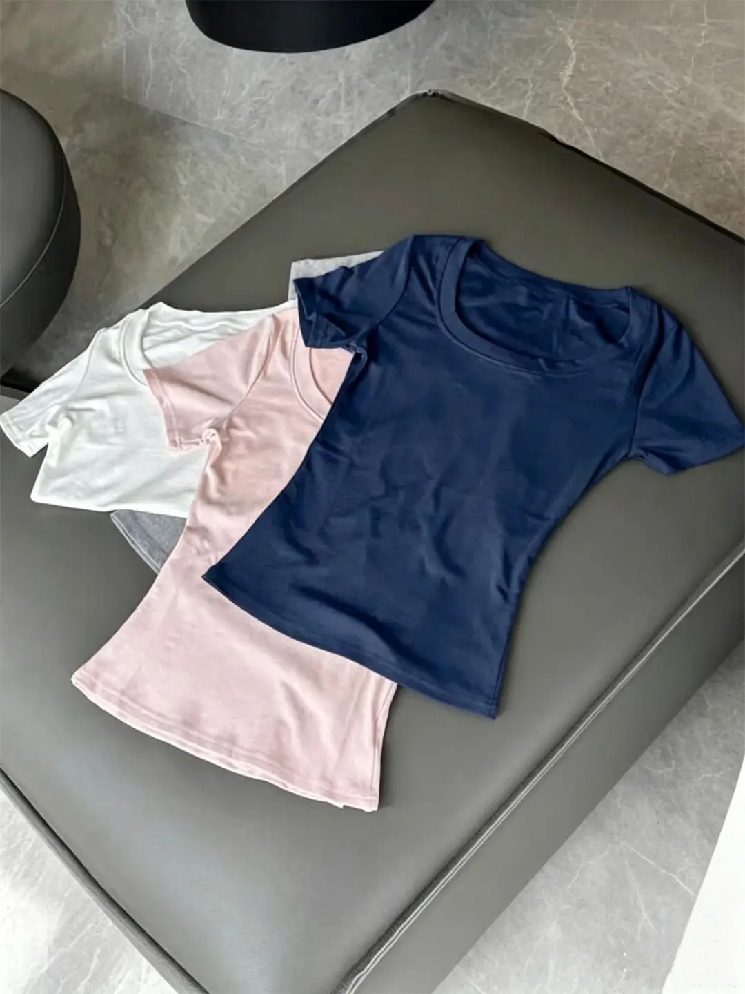 Dark Blue Straight-Shoulder Short-Sleeve Women's Summer Pure Cotton T-Shirt, New Slim-Fit U-Neck Top, Slimming Casual Summer Korean Style Outfit