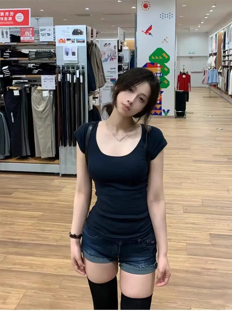 Dark Blue Straight-Shoulder Short-Sleeve Women's Summer Pure Cotton T-Shirt, New Slim-Fit U-Neck Top, Slimming Casual Summer Korean Style Outfit — feature 18