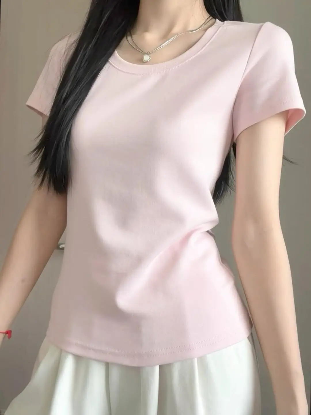 Dark Blue Straight-Shoulder Short-Sleeve Women's Summer Pure Cotton T-Shirt, New Slim-Fit U-Neck Top, Slimming Casual Summer Korean Style Outfit