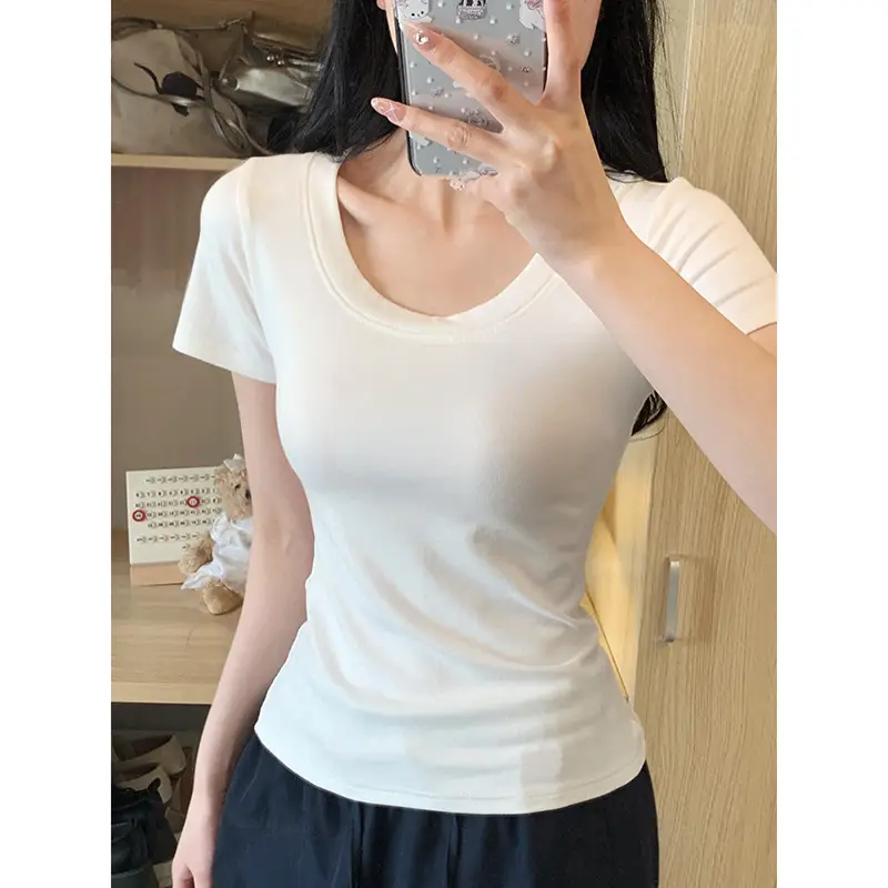 Dark Blue Straight-Shoulder Short-Sleeve Women's Summer Pure Cotton T-Shirt, New Slim-Fit U-Neck Top, Slimming Casual Summer Korean Style Outfit