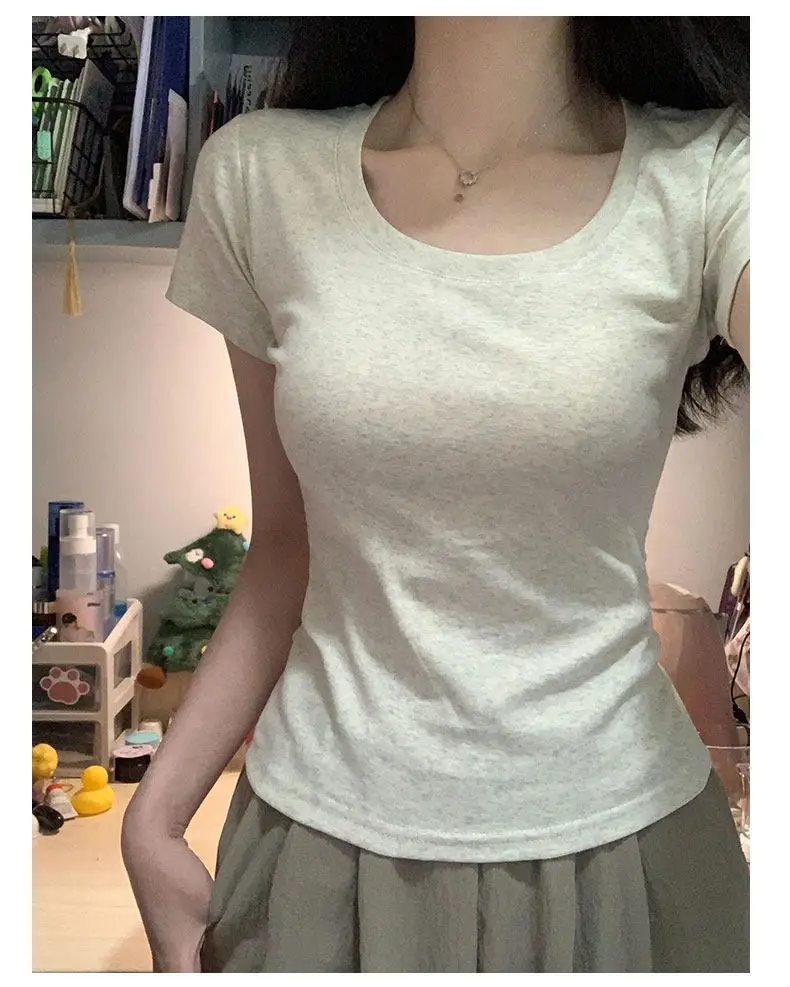 Dark Blue Straight-Shoulder Short-Sleeve Women's Summer Pure Cotton T-Shirt, New Slim-Fit U-Neck Top, Slimming Casual Summer Korean Style Outfit