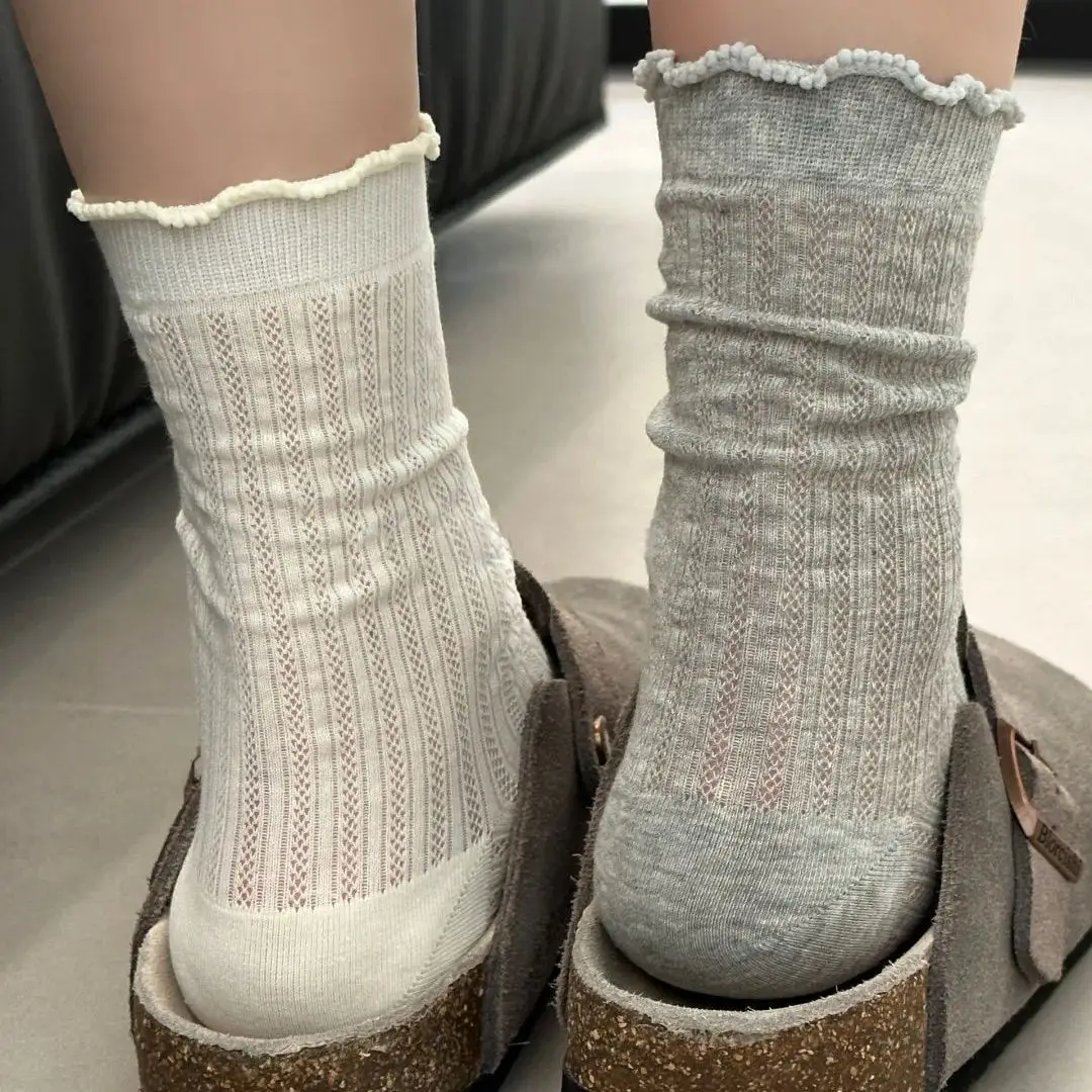Summer Thin Socks for Women, Solid Color Hollow Mesh Mid-Calf Socks, White Combed Cotton Breathable Lace Edge Slouch Socks for Girls