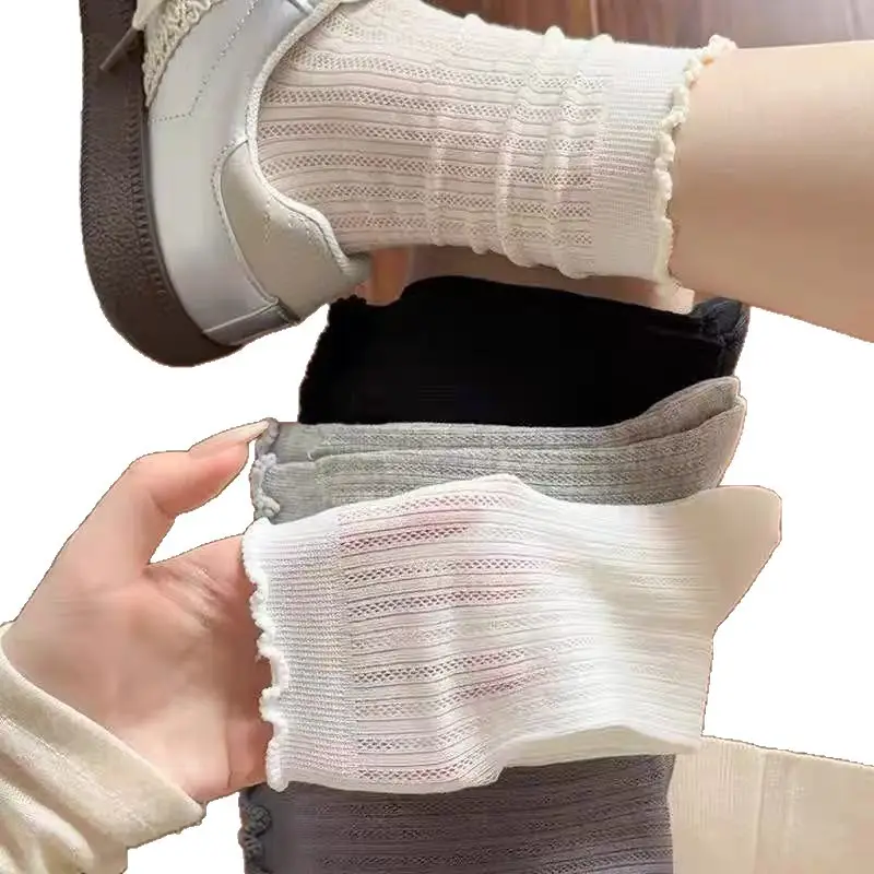 Summer Thin Socks for Women, Solid Color Hollow Mesh Mid-Calf Socks, White Combed Cotton Breathable Lace Edge Slouch Socks for Girls