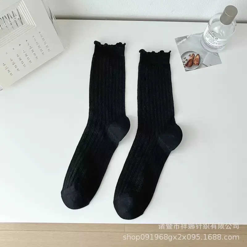 Summer Thin Socks for Women, Solid Color Hollow Mesh Mid-Calf Socks, White Combed Cotton Breathable Lace Edge Slouch Socks for Girls