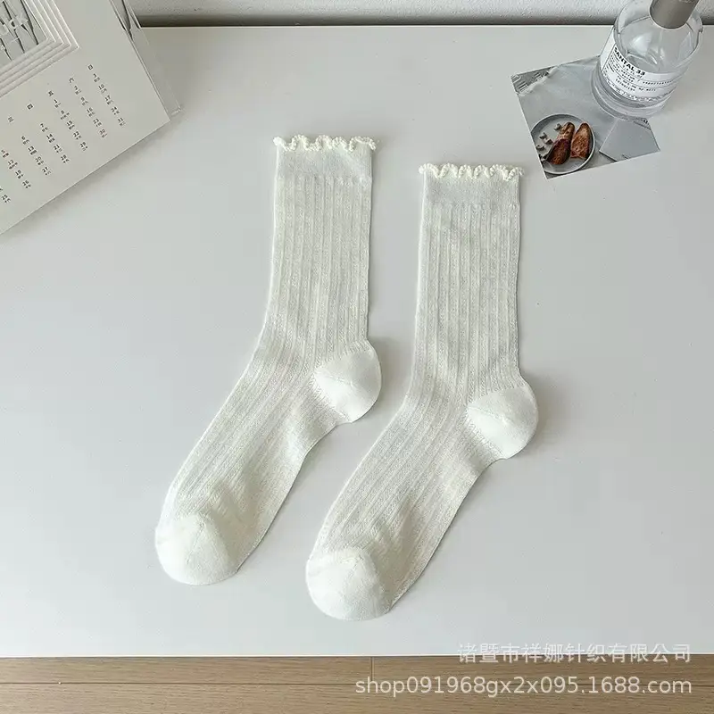 Summer Thin Socks for Women, Solid Color Hollow Mesh Mid-Calf Socks, White Combed Cotton Breathable Lace Edge Slouch Socks for Girls