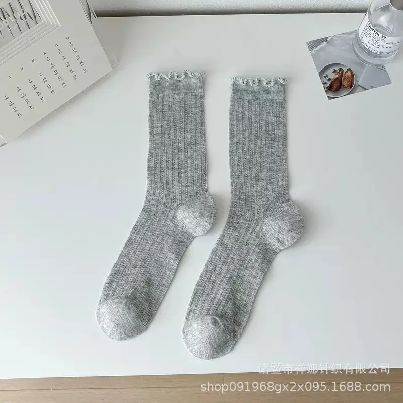 Summer Thin Socks for Women, Solid Color Hollow Mesh Mid-Calf Socks, White Combed Cotton Breathable Lace Edge Slouch Socks for Girls
