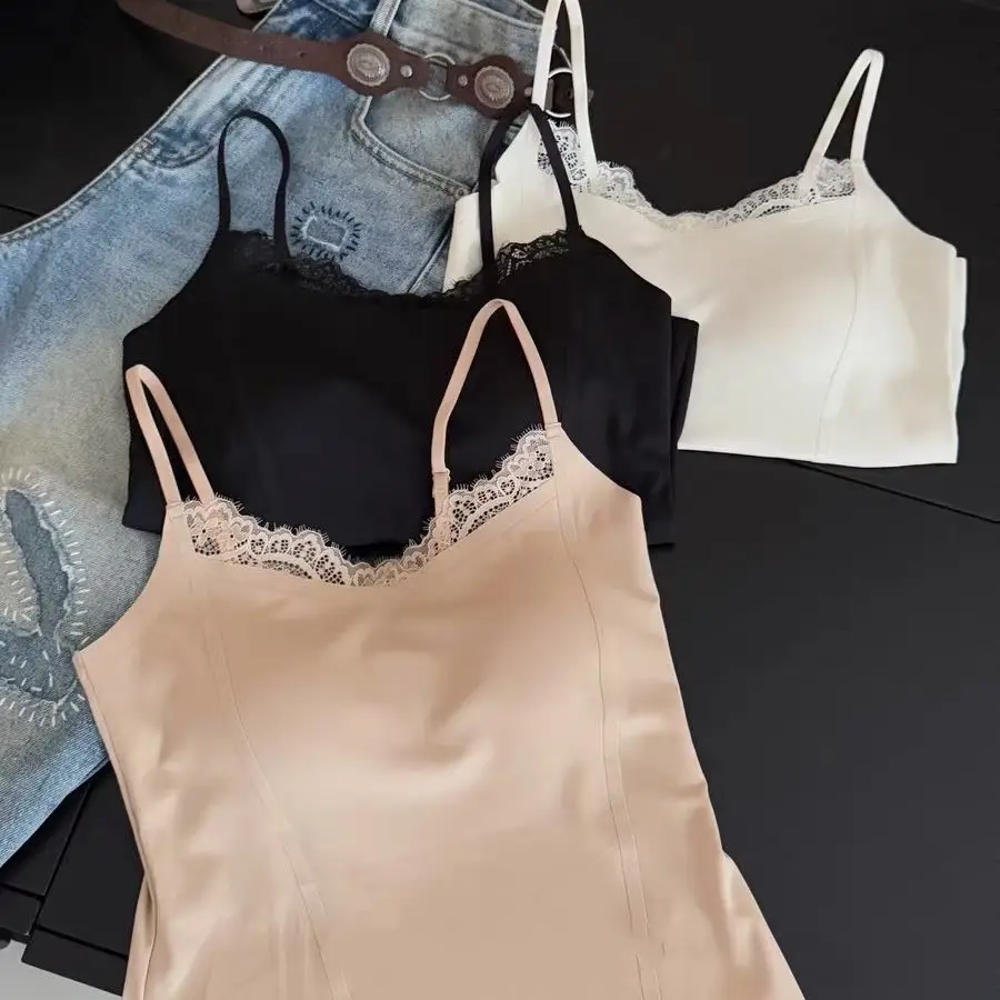 Popular Lace-Trimmed Camisole for Women with Built-In Bra Pads, Beautiful Back Design, Fixed Cup, Lift-Up Tube Top, Women's Base Layer Top