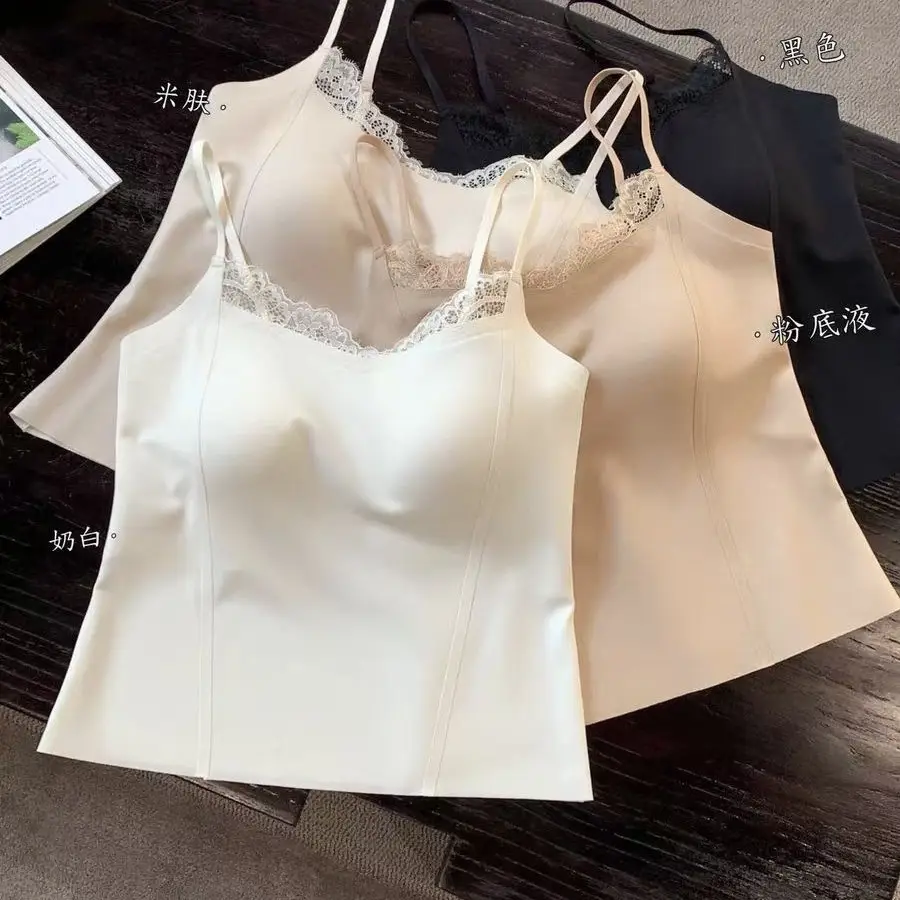 Popular Lace-Trimmed Camisole for Women with Built-In Bra Pads, Beautiful Back Design, Fixed Cup, Lift-Up Tube Top, Women's Base Layer Top