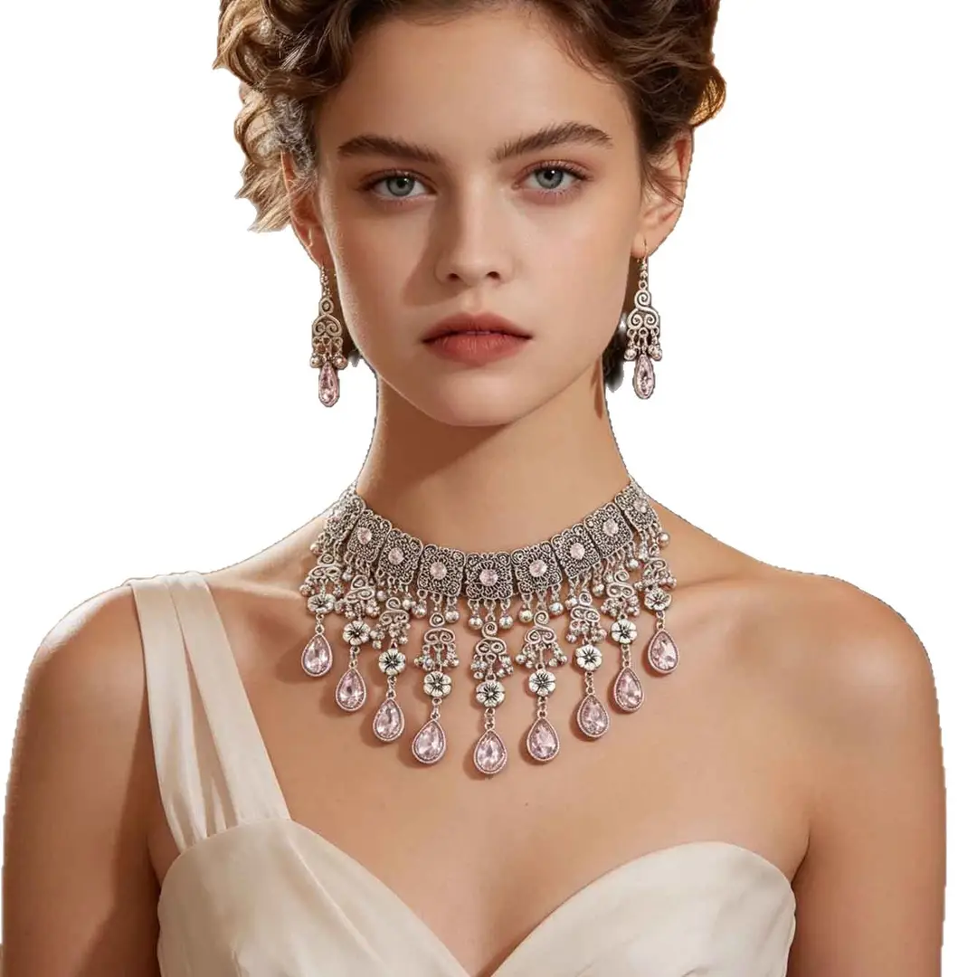 Factory Direct Sales Cross-Border New Multi-Layered Indian Style Tassel Necklace and Earrings Jewelry Set with Exotic Style Crystal Inlays