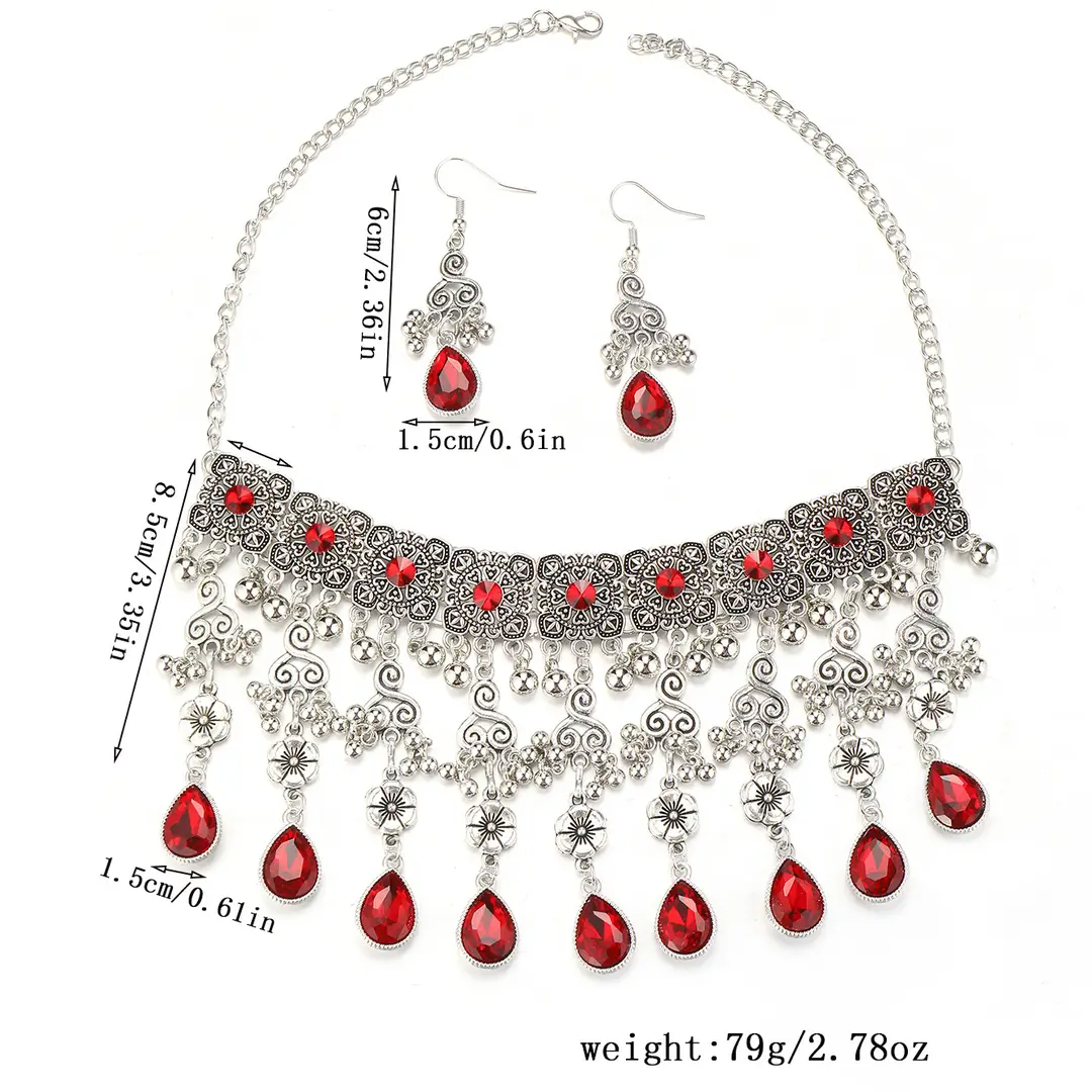 Factory Direct Sales Cross-Border New Multi-Layered Indian Style Tassel Necklace and Earrings Jewelry Set with Exotic Style Crystal Inlays — feature 1
