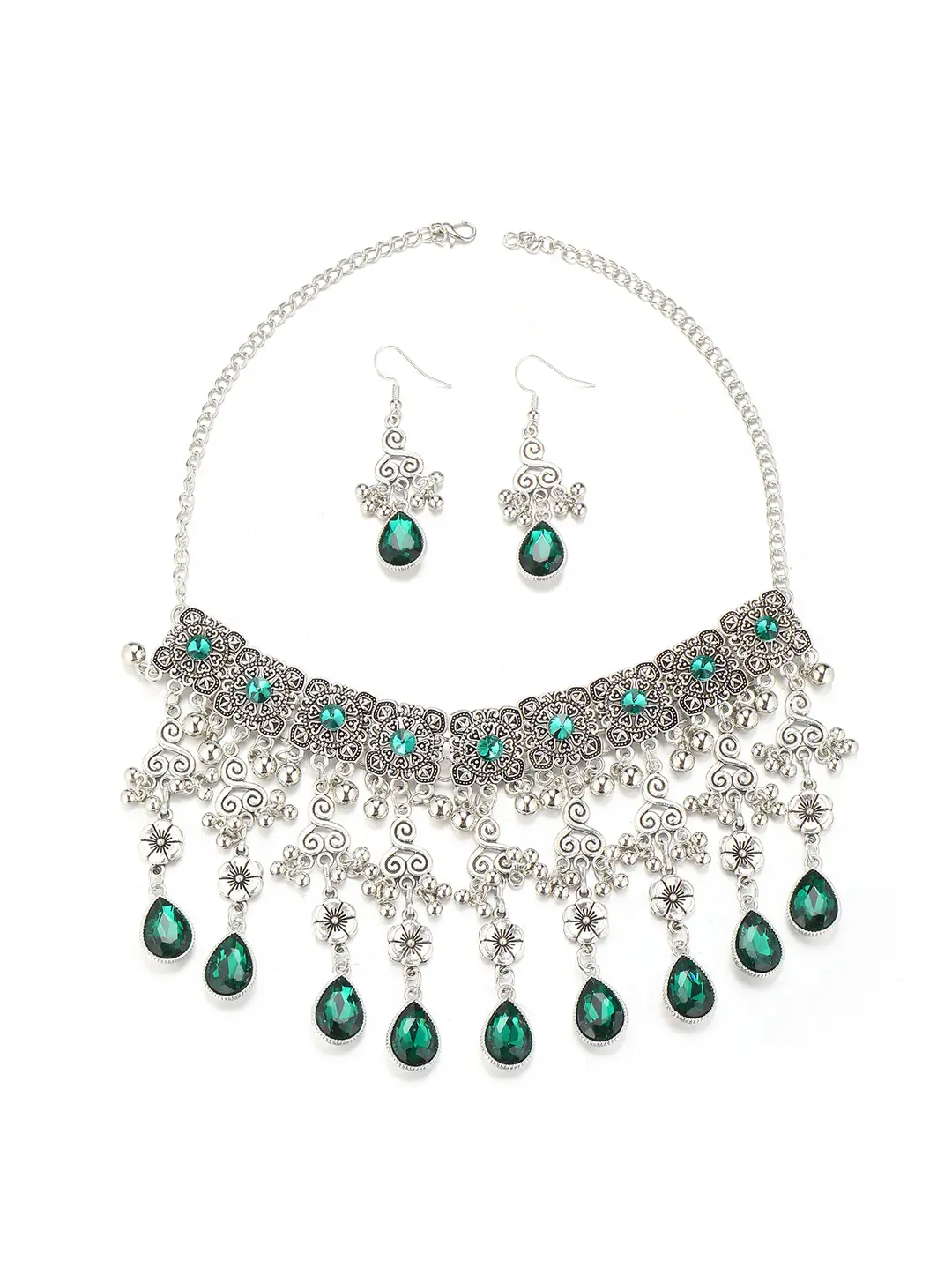 Factory Direct Sales Cross-Border New Multi-Layered Indian Style Tassel Necklace and Earrings Jewelry Set with Exotic Style Crystal Inlays — feature 10