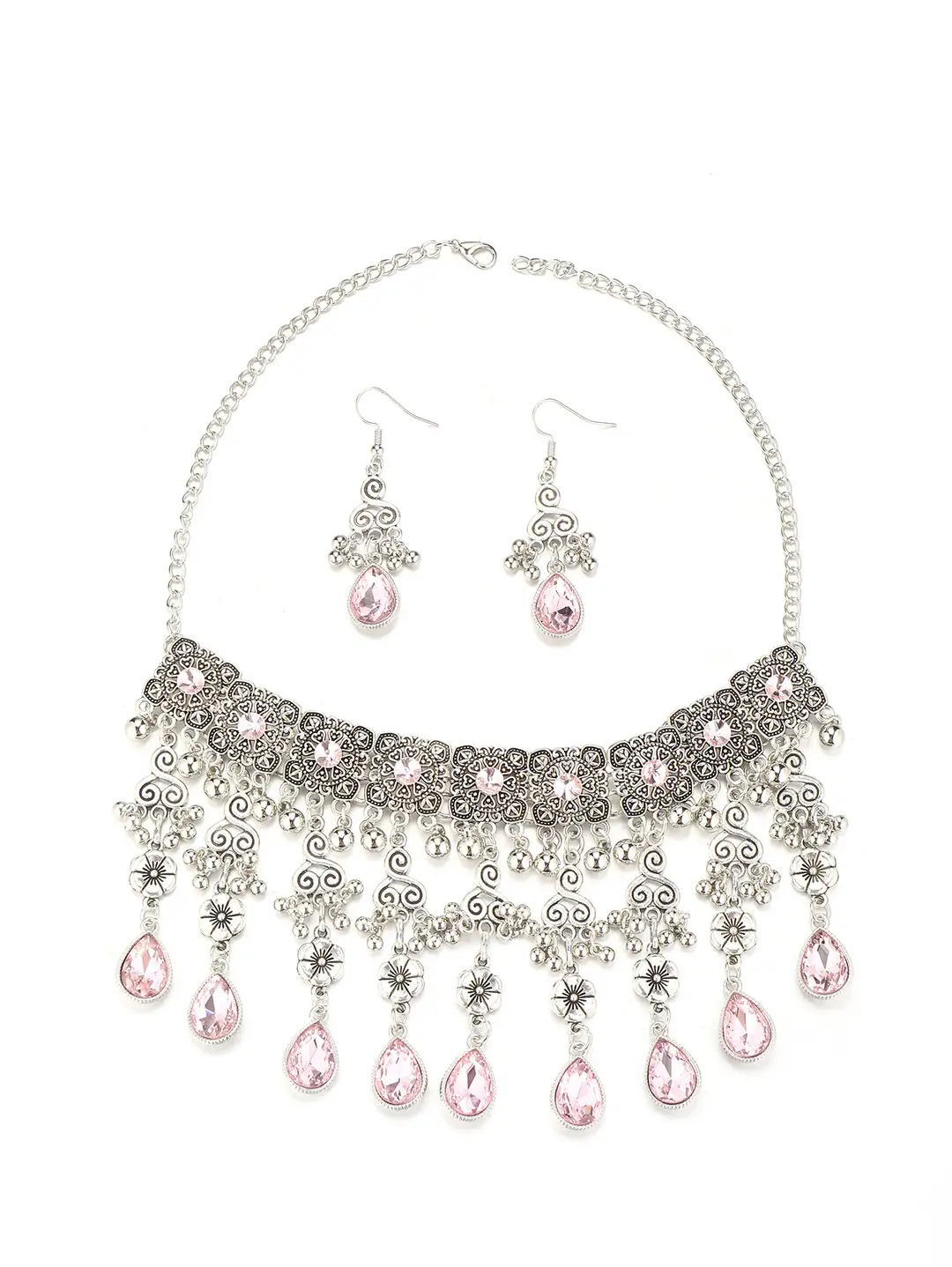 Factory Direct Sales Cross-Border New Multi-Layered Indian Style Tassel Necklace and Earrings Jewelry Set with Exotic Style Crystal Inlays — feature 11
