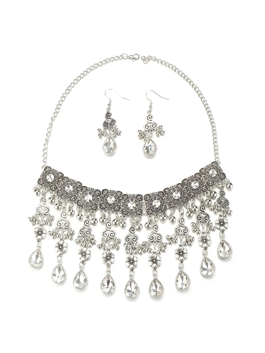 Factory Direct Sales Cross-Border New Multi-Layered Indian Style Tassel Necklace and Earrings Jewelry Set with Exotic Style Crystal Inlays — feature 12
