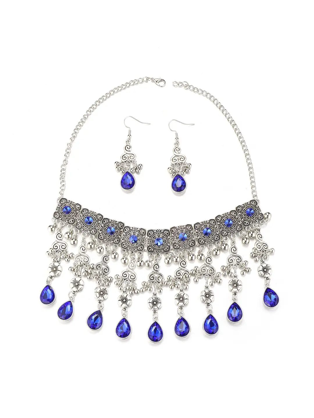 Factory Direct Sales Cross-Border New Multi-Layered Indian Style Tassel Necklace and Earrings Jewelry Set with Exotic Style Crystal Inlays — feature 13