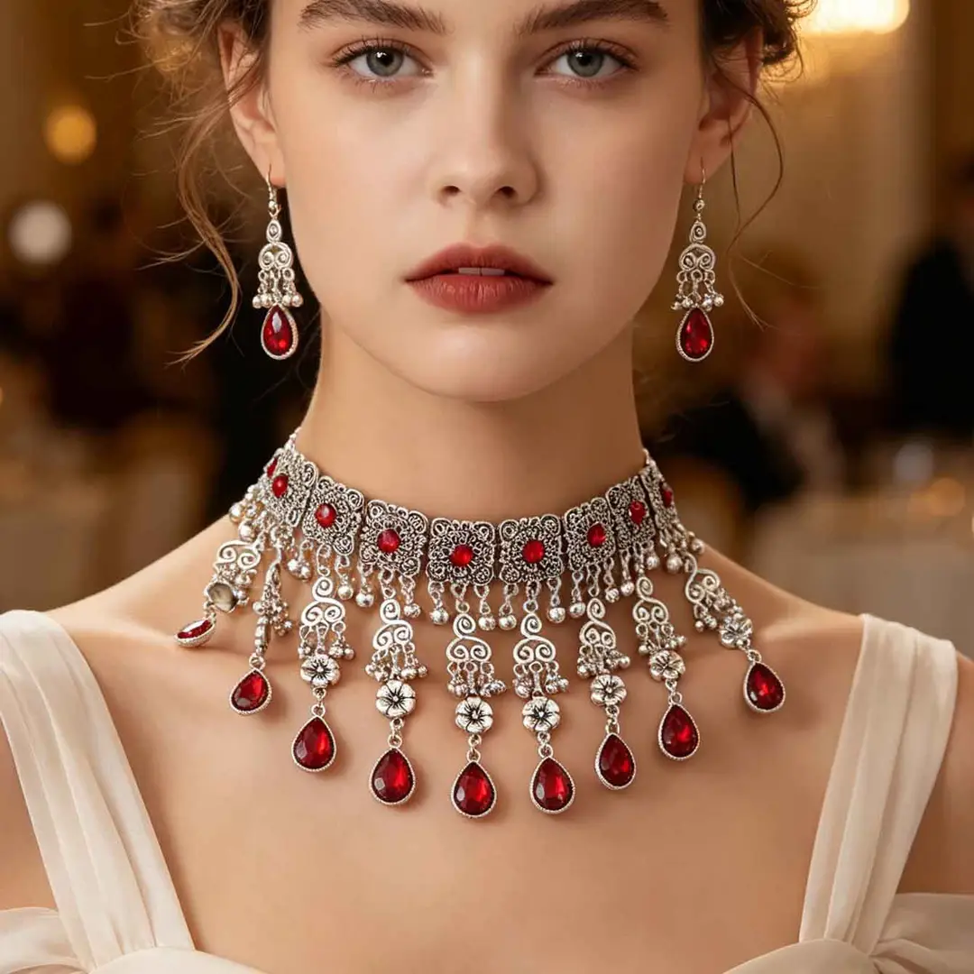 Factory Direct Sales Cross-Border New Multi-Layered Indian Style Tassel Necklace and Earrings Jewelry Set with Exotic Style Crystal Inlays — feature 2