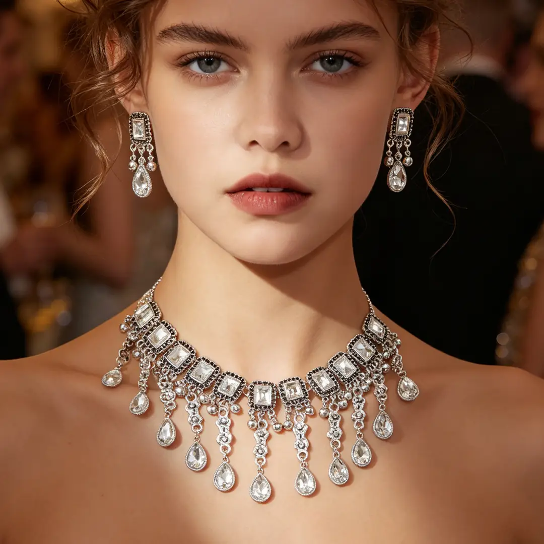Factory Direct Sales Cross-Border New Multi-Layered Indian Style Tassel Necklace and Earrings Jewelry Set with Exotic Style Crystal Inlays — feature 21