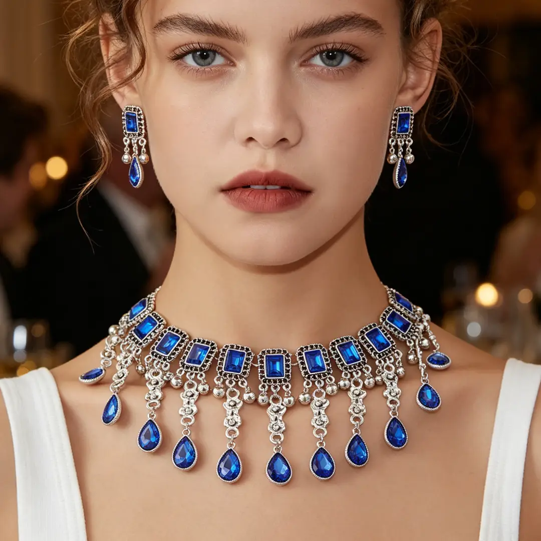 Factory Direct Sales Cross-Border New Multi-Layered Indian Style Tassel Necklace and Earrings Jewelry Set with Exotic Style Crystal Inlays — feature 22
