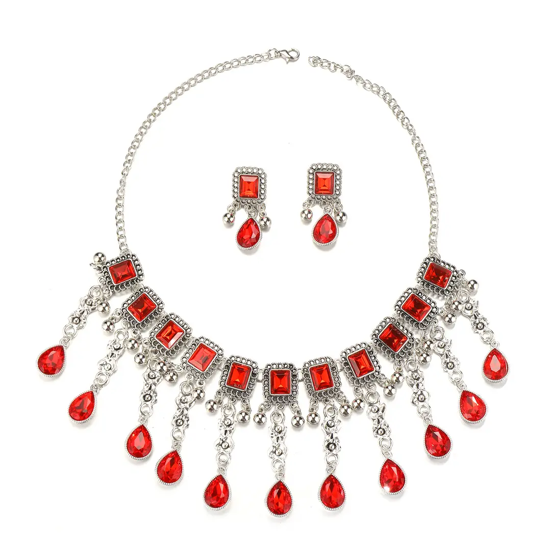 Factory Direct Sales Cross-Border New Multi-Layered Indian Style Tassel Necklace and Earrings Jewelry Set with Exotic Style Crystal Inlays — feature 26