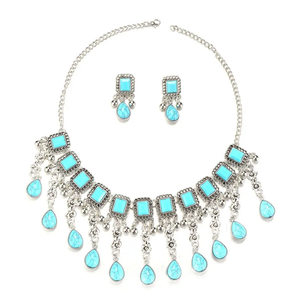 Factory Direct Sales Cross-Border New Multi-Layered Indian Style Tassel Necklace and Earrings Jewelry Set with Exotic Style Crystal Inlays — feature 27