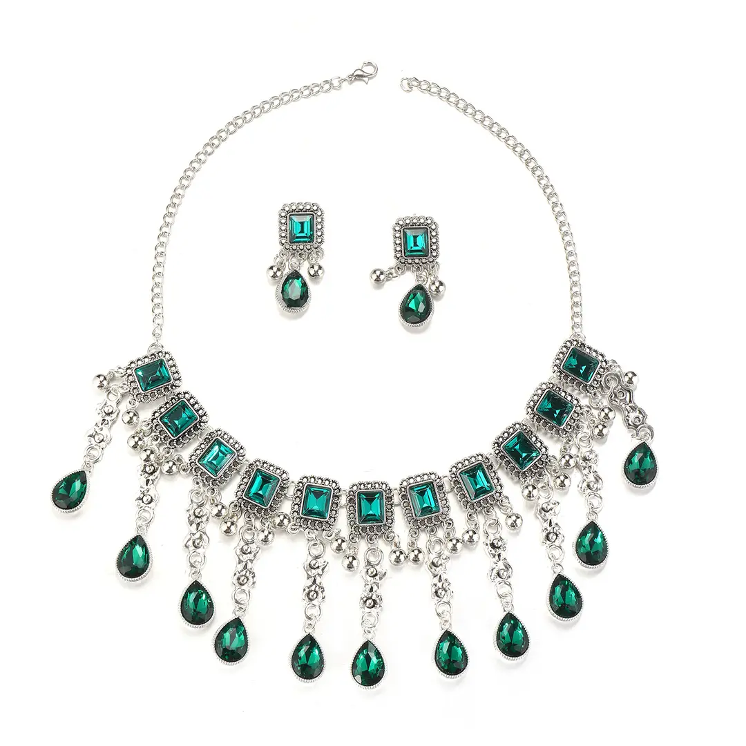 Factory Direct Sales Cross-Border New Multi-Layered Indian Style Tassel Necklace and Earrings Jewelry Set with Exotic Style Crystal Inlays — feature 28