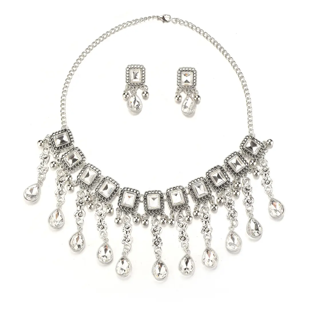 Factory Direct Sales Cross-Border New Multi-Layered Indian Style Tassel Necklace and Earrings Jewelry Set with Exotic Style Crystal Inlays — feature 29