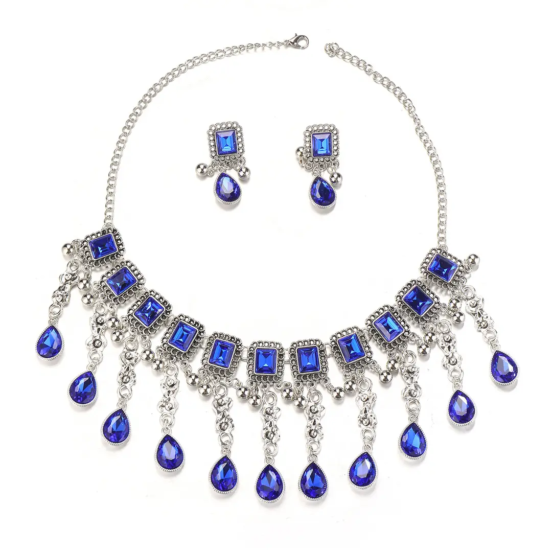 Factory Direct Sales Cross-Border New Multi-Layered Indian Style Tassel Necklace and Earrings Jewelry Set with Exotic Style Crystal Inlays — feature 30