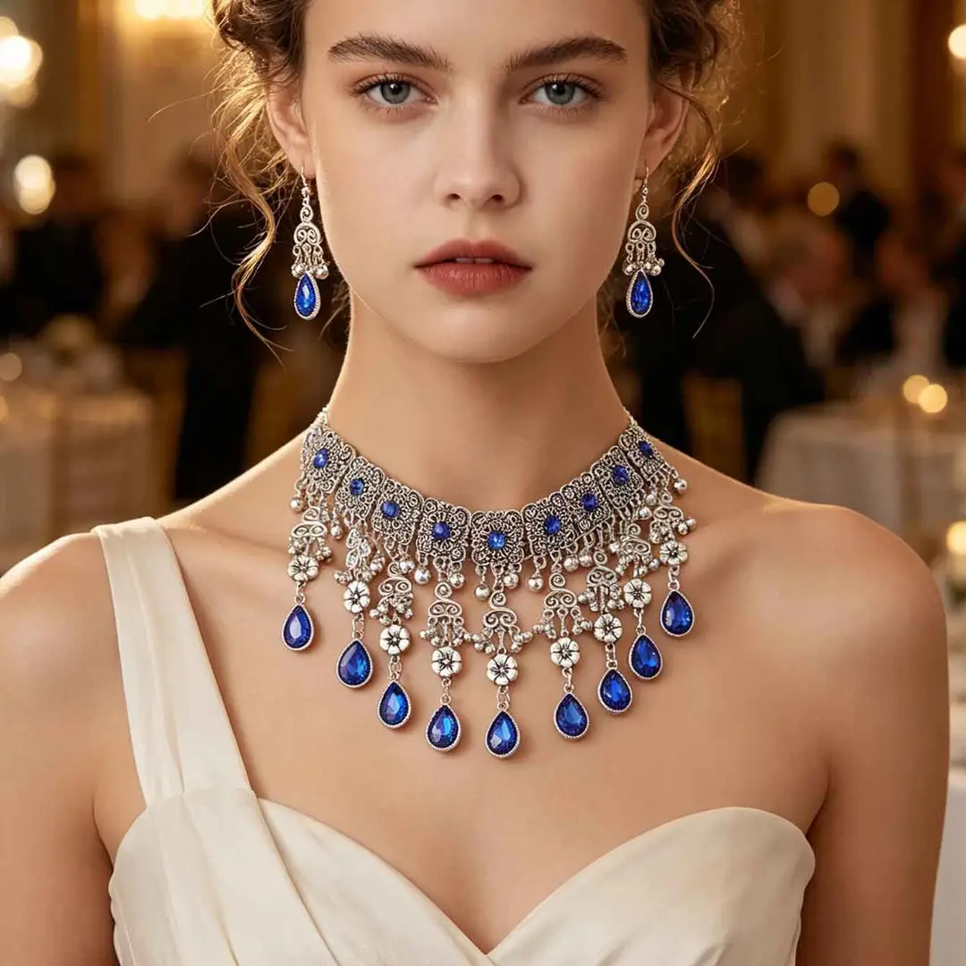 Factory Direct Sales Cross-Border New Multi-Layered Indian Style Tassel Necklace and Earrings Jewelry Set with Exotic Style Crystal Inlays — feature 4