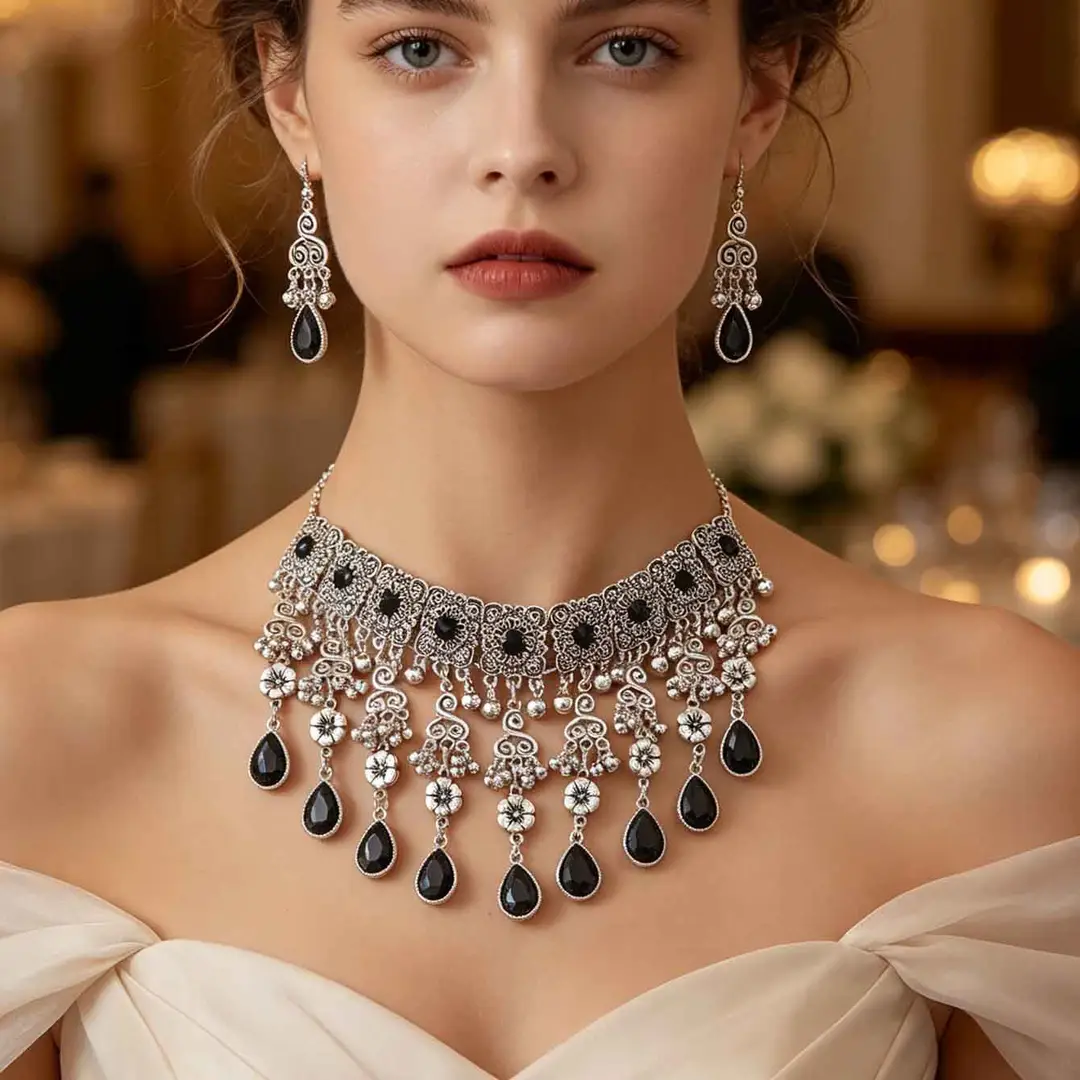 Factory Direct Sales Cross-Border New Multi-Layered Indian Style Tassel Necklace and Earrings Jewelry Set with Exotic Style Crystal Inlays — feature 6